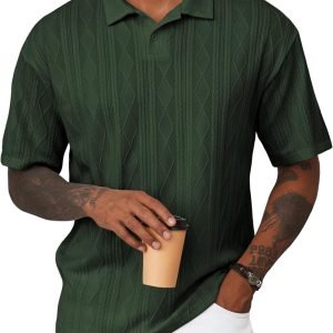 Mens Polo Shirt Textured Knit Button Casual Short Sleeve Summer Vacation Beach Stretchy Golf Shirts