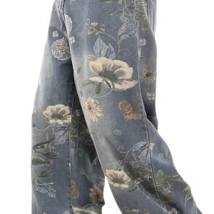 Baggy Jeans Men Flower Print Graphic Jeans Harajuku Wide Leg Boyfriend Denim Pants Streetwear