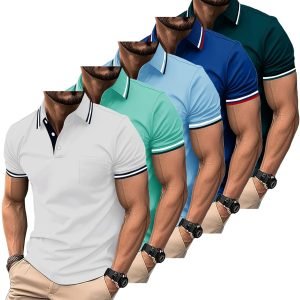 5 Pack Men Polo Shirts Short Sleeve with Pocket Wicking Golf Shirts for Men Casual Collared T-Shirts
