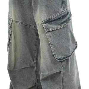 Men Teens  Baggy Cargo Jeans Washed Wide Leg Hip Hop Denim Pants Casual Loose Fit Trousers Streetwear with Pocket