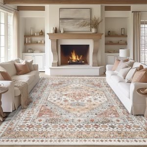 8x10 Area Rugs for Living Room,Non-Slip Backing Washable Rugs,Vintage Large Area Rug，Stain Resistant Home Decor Rug (Orange,8'x10')
